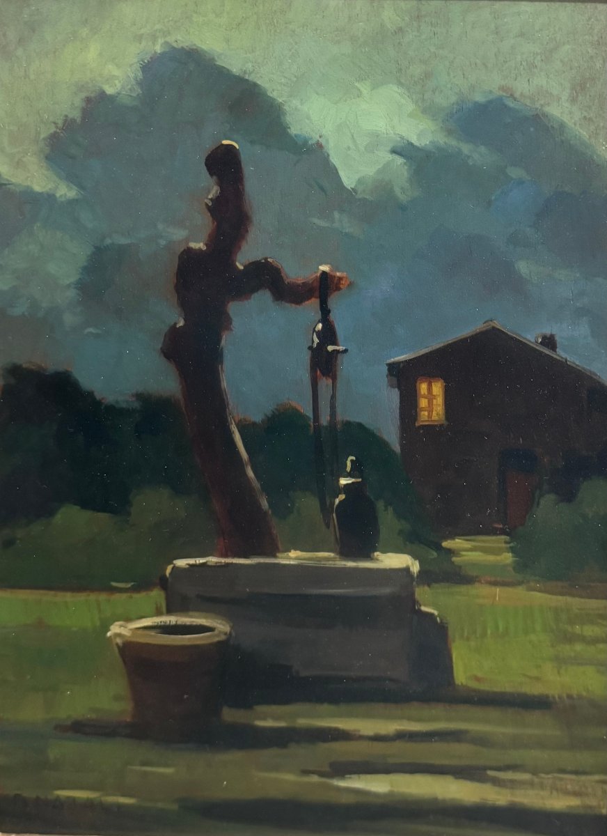 Renato Natali – Night Landscape With A Well And A Cottage, Oil On Panel