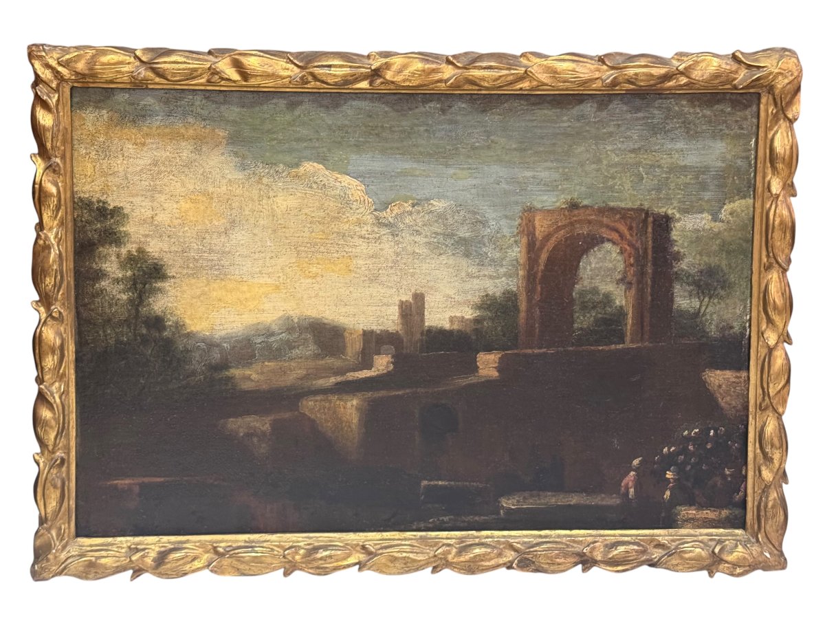 PAIRE DE PAYSAGES AVEC CAPRICCIOS ARCHITECTURAUX – HUILE SUR TOILE, XVIIIe SIÈCLE-photo-2