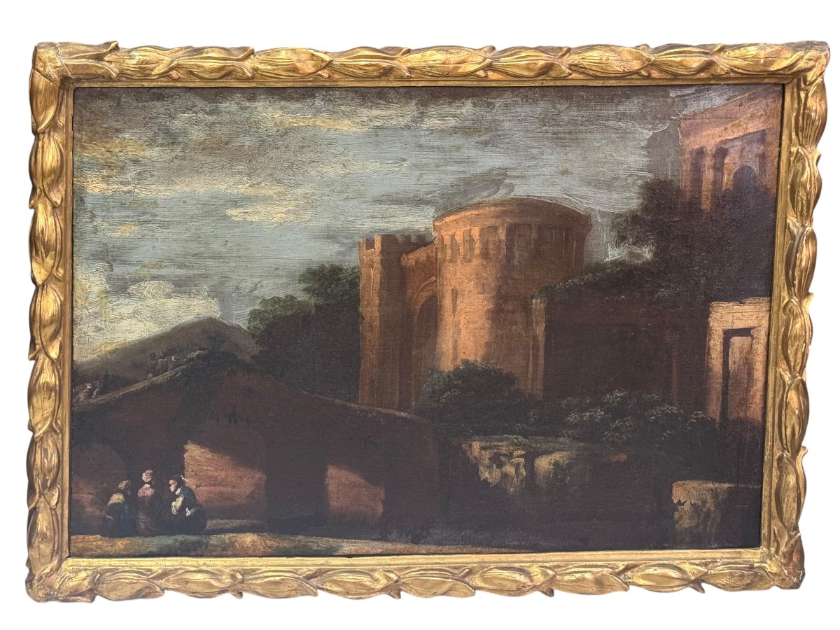 PAIRE DE PAYSAGES AVEC CAPRICCIOS ARCHITECTURAUX – HUILE SUR TOILE, XVIIIe SIÈCLE-photo-3