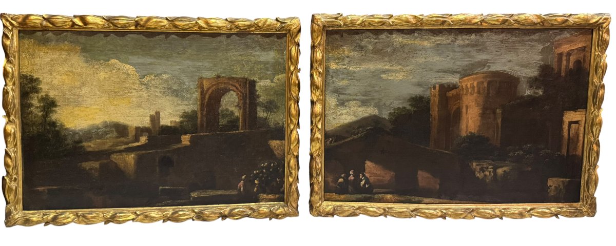 PAIRE DE PAYSAGES AVEC CAPRICCIOS ARCHITECTURAUX – HUILE SUR TOILE, XVIIIe SIÈCLE-photo-4