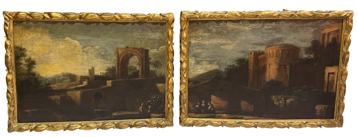 PAIRE DE PAYSAGES AVEC CAPRICCIOS ARCHITECTURAUX – HUILE SUR TOILE, XVIIIe SIÈCLE