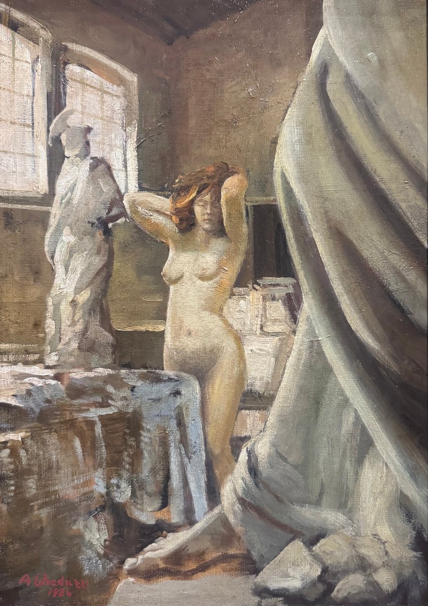 Augusto Gheduzzi – Painting On Canvas, “female Nude In The Sculptor’s Studio,” Dated-photo-2