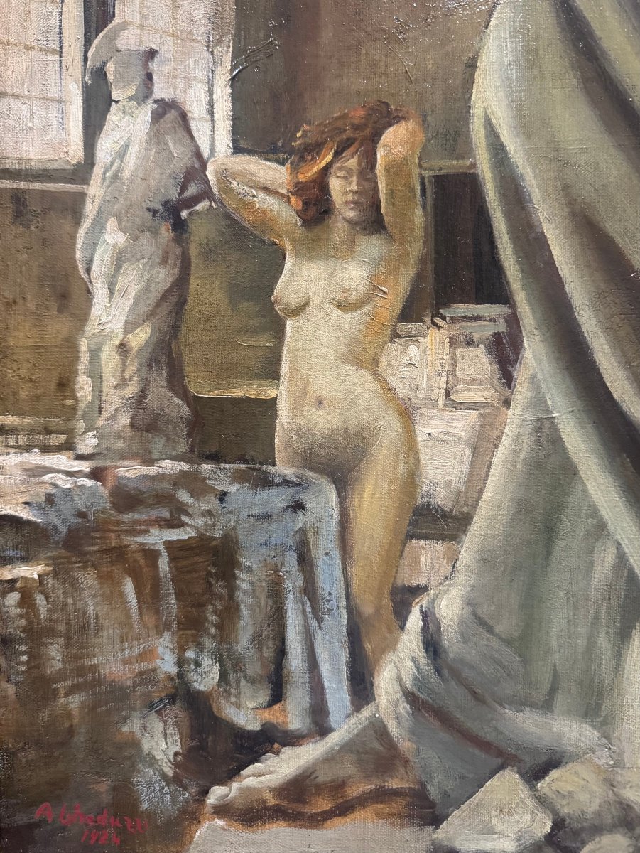 Augusto Gheduzzi – Painting On Canvas, “female Nude In The Sculptor’s Studio,” Dated-photo-3