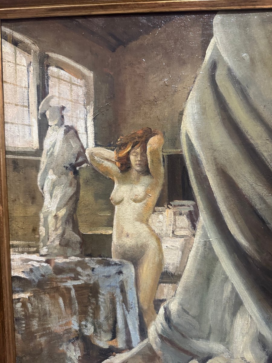 Augusto Gheduzzi – Painting On Canvas, “female Nude In The Sculptor’s Studio,” Dated-photo-1