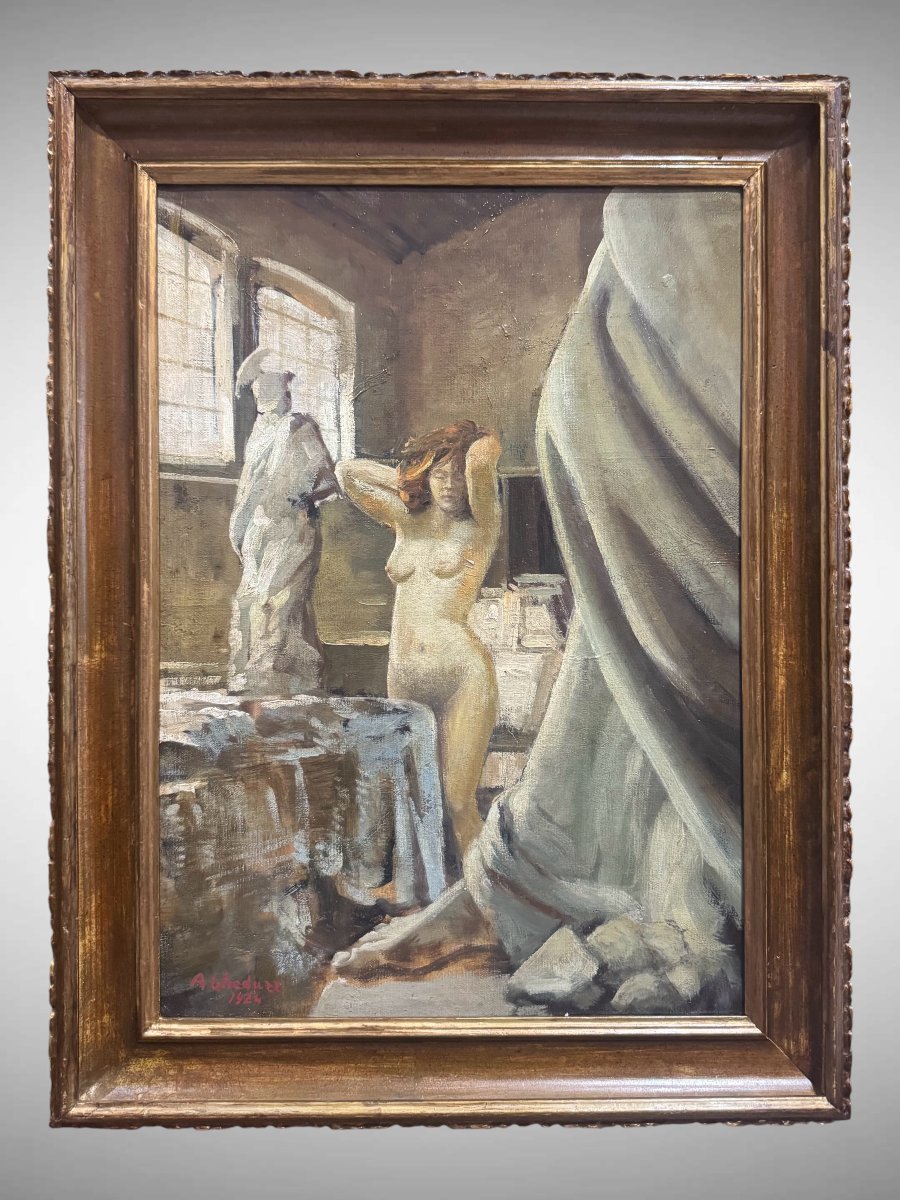 Augusto Gheduzzi – Painting On Canvas, “female Nude In The Sculptor’s Studio,” Dated