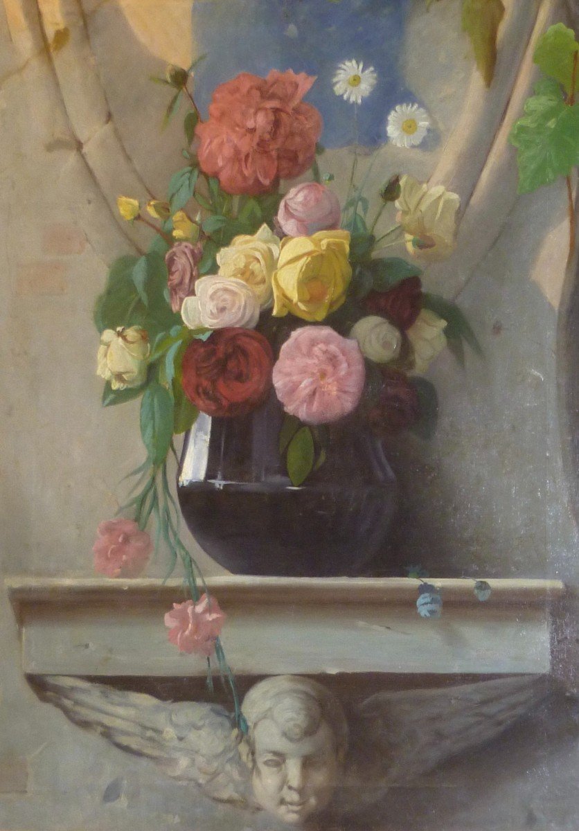 Peinture avec Des Fleurs. 19ème Siècle-photo-2