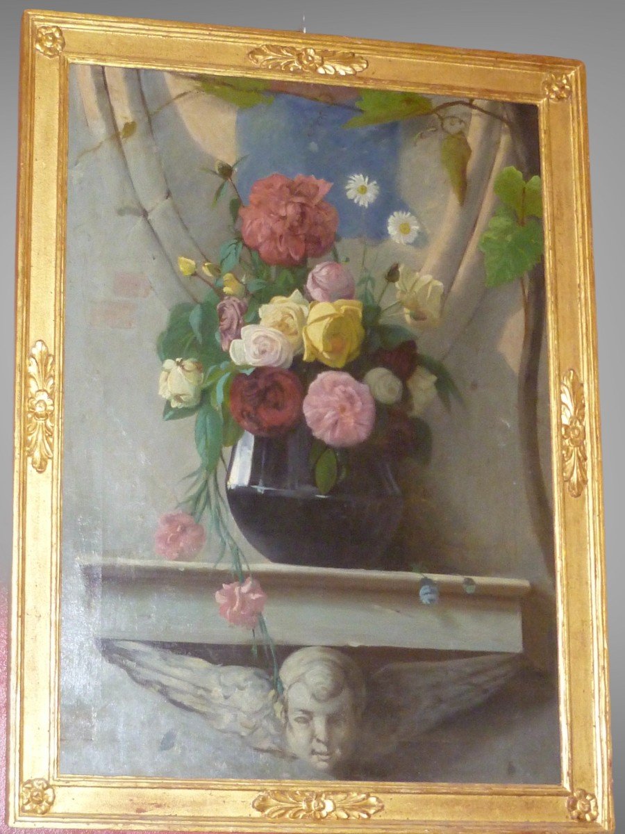 Peinture avec Des Fleurs. 19ème Siècle-photo-3