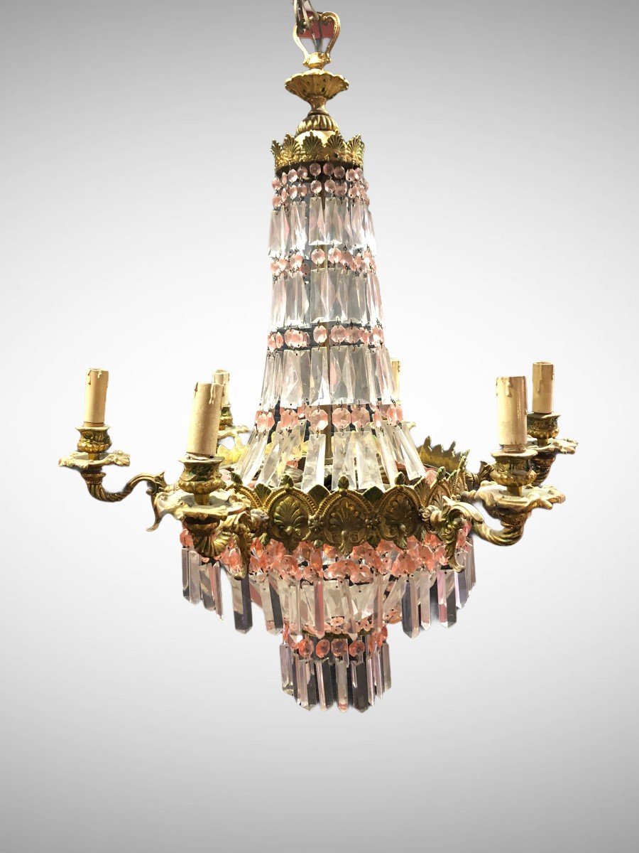 Balloon Chandelier In Gilded Bronze And Pink And Transparent Crystals-photo-2
