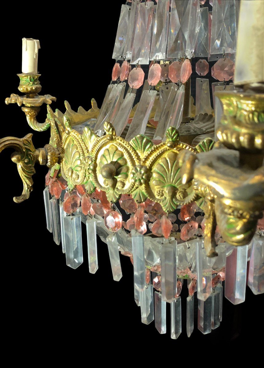 Balloon Chandelier In Gilded Bronze And Pink And Transparent Crystals-photo-1