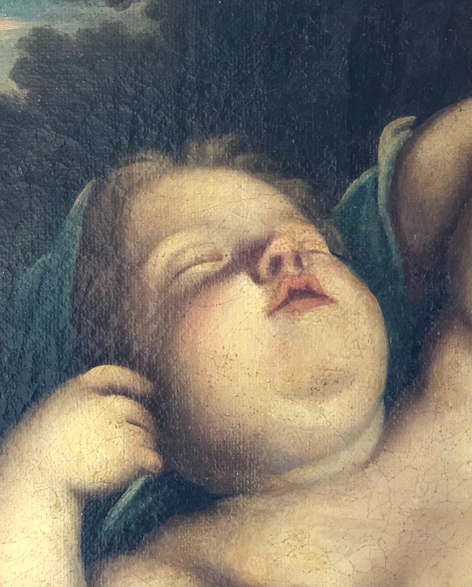 Sleeping Cherub - Painting On Canvas Late 17th Century - Attr. Mr Franceschini-photo-2