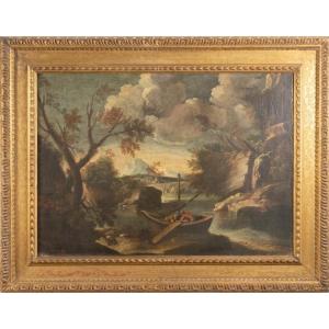 Paysage Fluvial Avec Bateau Et Pêcheurs - Peinture Sur Toile Fin Du XVIIe Siecle