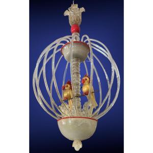 Seguso Ferro Toso, Murano Chandelier With Parrots 1940/50