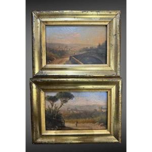 Pair Of Small Paintings "view Of Florence" And "view Of Pisa" - 19th Century