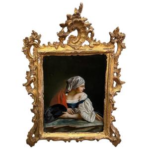 PEINTURE SUR VERRE « FIGURE FÉMININE » – VENISE, XVIIIe SIÈCLE