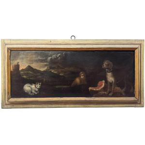 Scène mythologique ou allégorique avec un personnage masculin, un chien et un chat – Peinture s