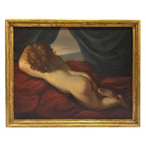 Peinture à l'huile ancienne sur toile – Putto couché, portrait de dos