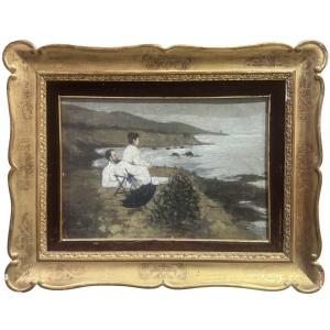 Francesco Gioli – The Painter Gioli And His Wife On The Beach At Castiglioncello – Oil On Canvas