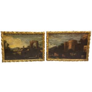 PAIRE DE PAYSAGES AVEC CAPRICCIOS ARCHITECTURAUX – HUILE SUR TOILE, XVIIIe SIÈCLE