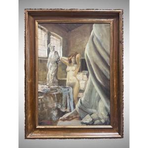 Augusto Gheduzzi – Peinture sur toile « Nu féminin dans l’atelier du sculpteur, datée de 1924 »