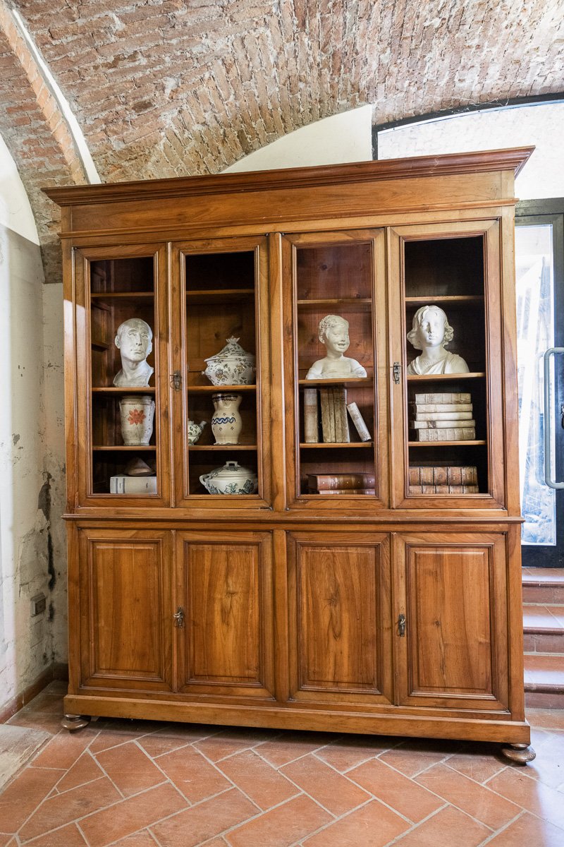 Double-body Bookcase In Walnut With A Light Patina, Eight Doors – Tuscany, Late 1800s-photo-2