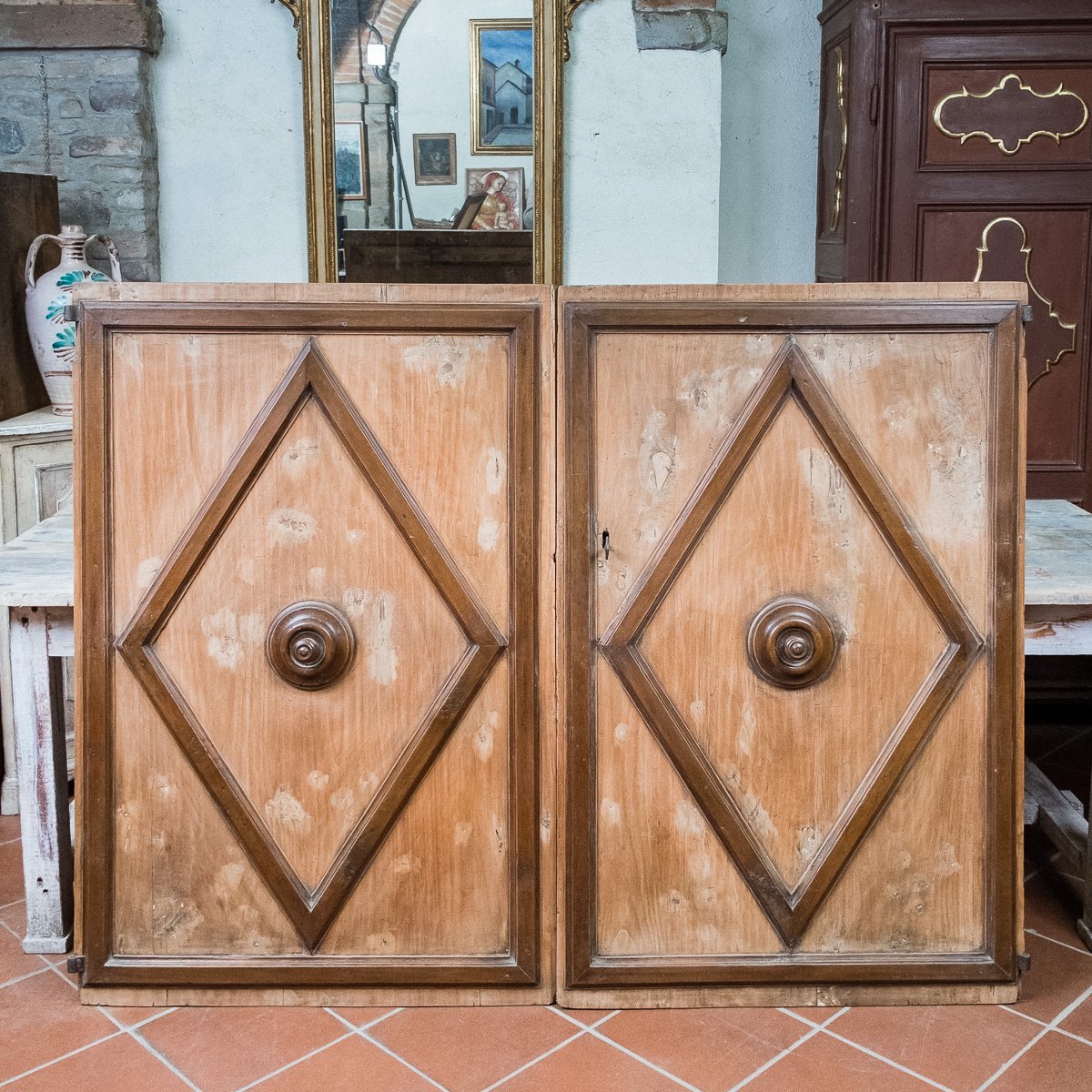 Portes anciennes en peuplier et noyer à losanges, Toscane XVIIe s