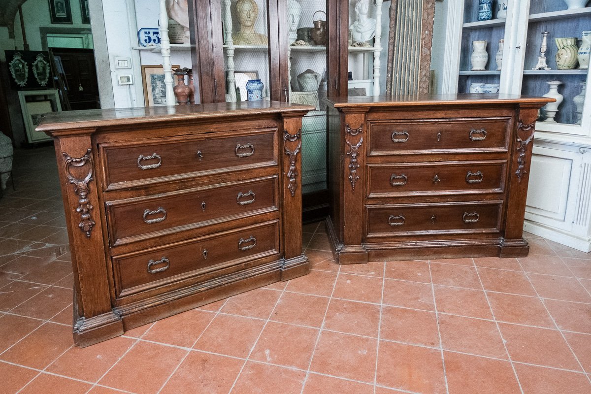Paire de commodes en noyer sculpté, antiquités ombriennes XVIIe s.-photo-2