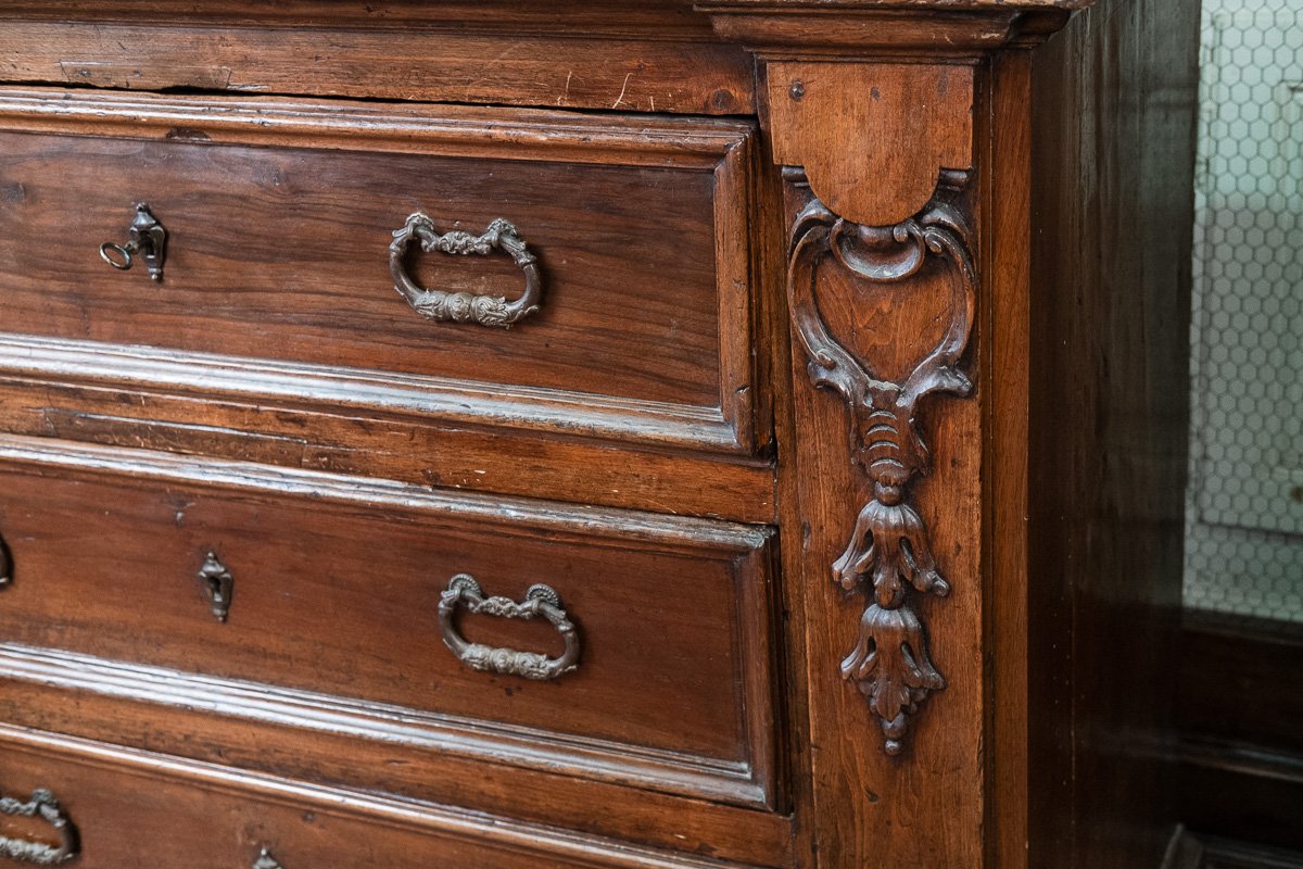 Paire de commodes en noyer sculpté, antiquités ombriennes XVIIe s.-photo-6