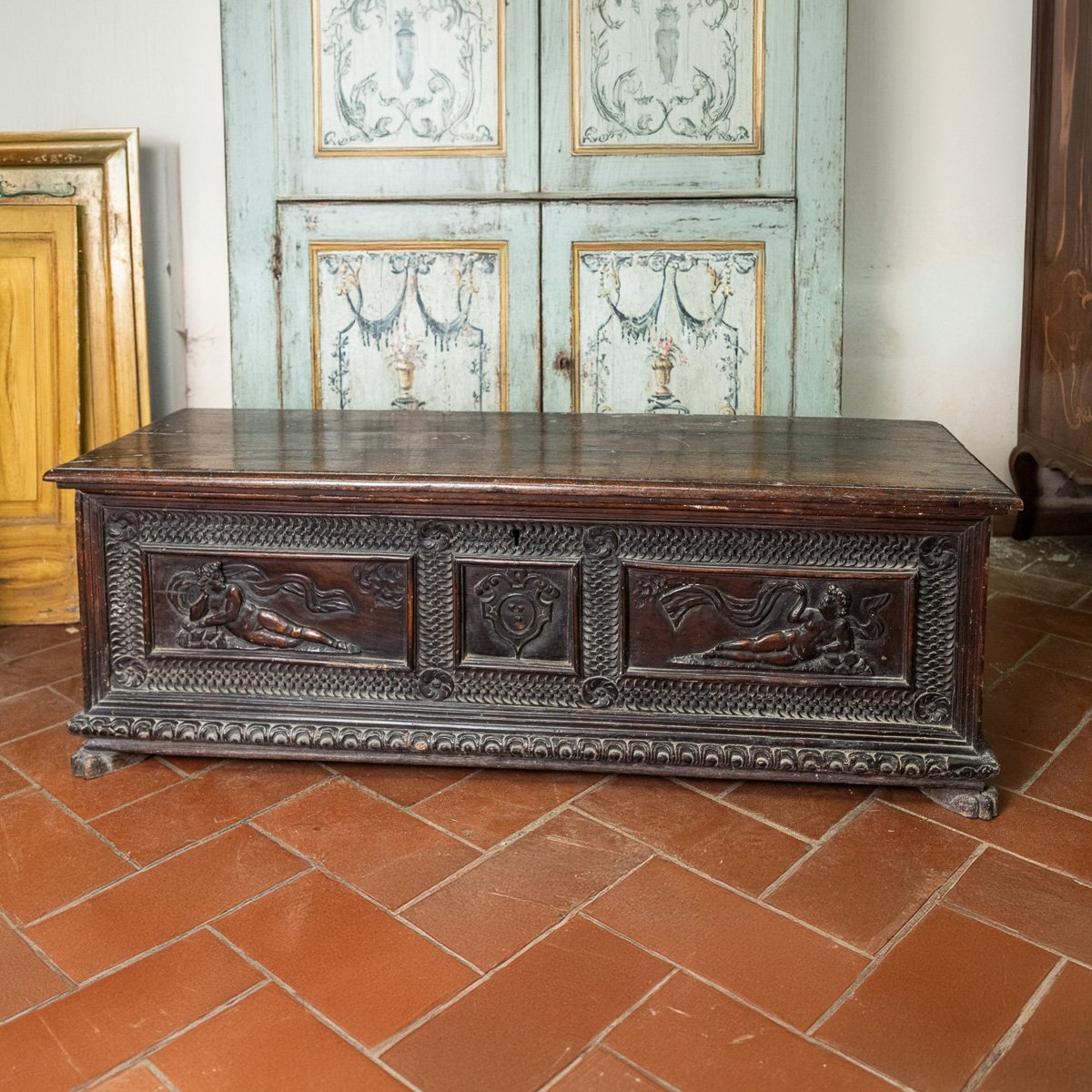 Antique Carved Walnut Cassone With Figures, Venetian 17th C.