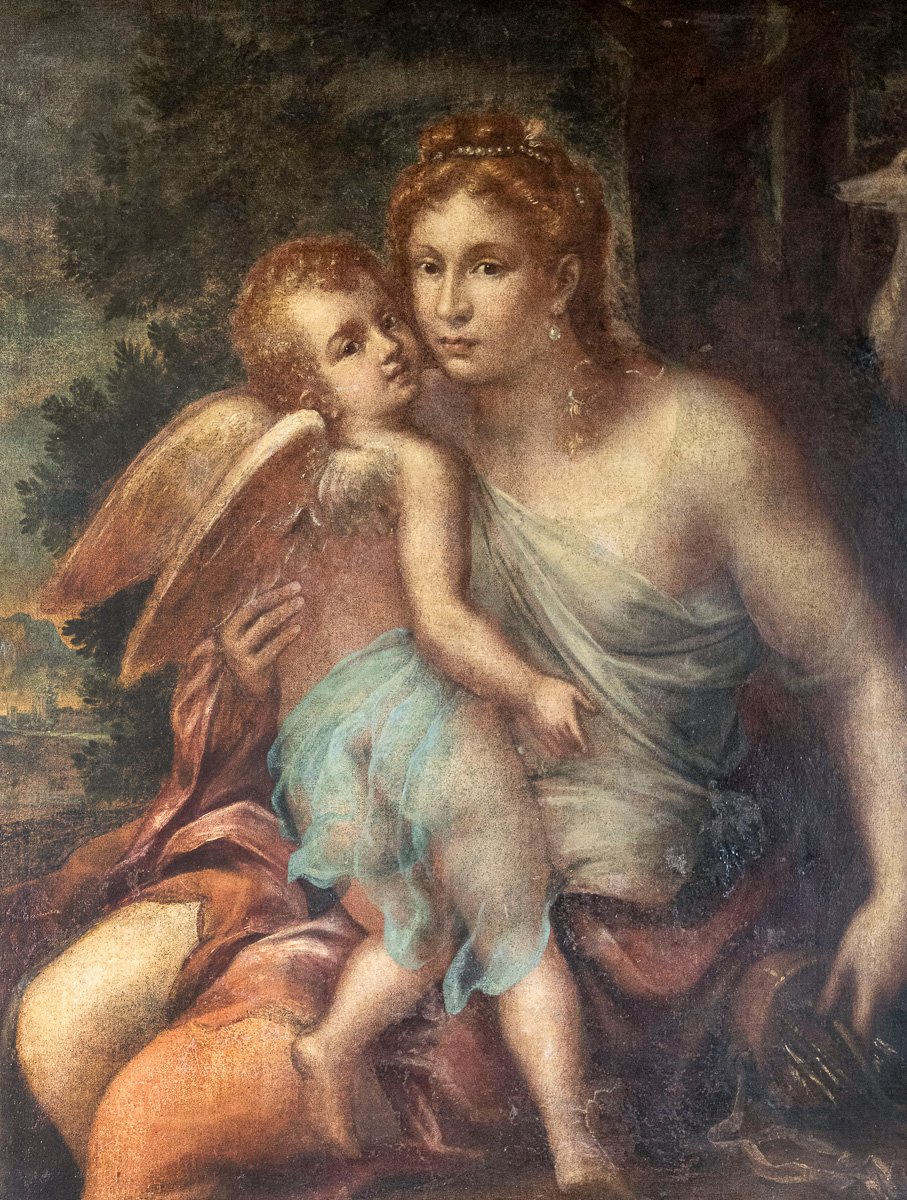 Peinture huile sur toile Diane et Éros, scène mythologique, XIXe-photo-2