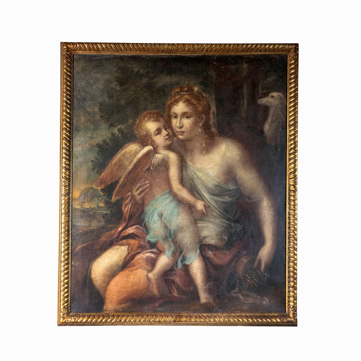 Peinture huile sur toile Diane et Éros, scène mythologique, XIXe