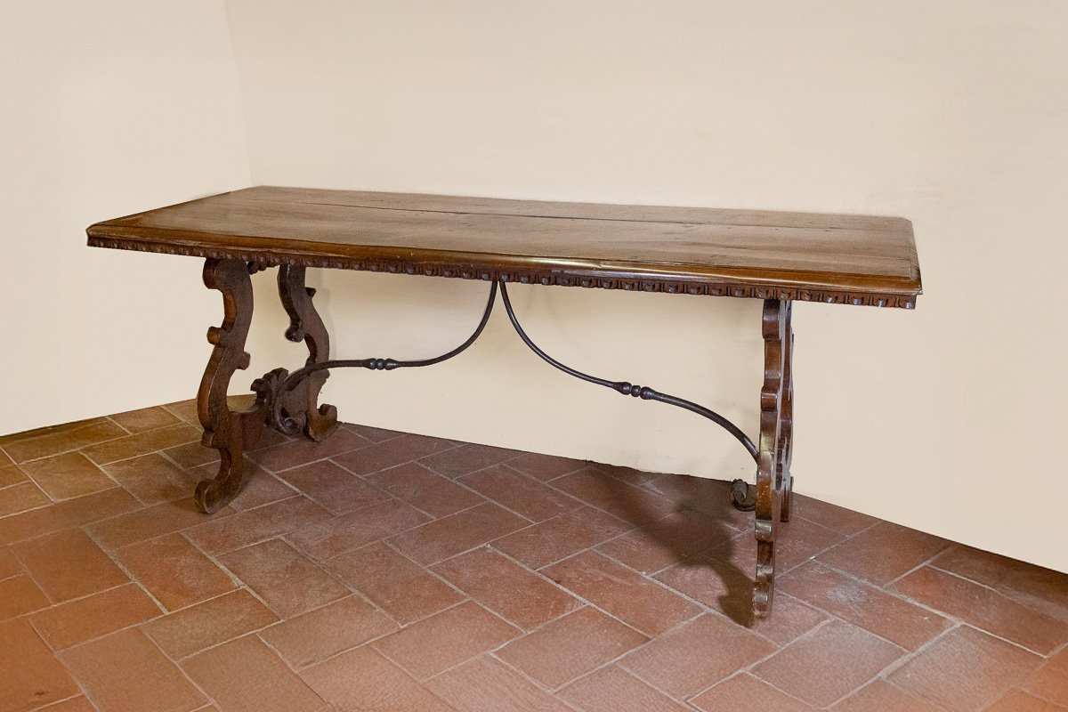 Antique-style Walnut Refectory Table, Lyre Legs, Tuscany-photo-2