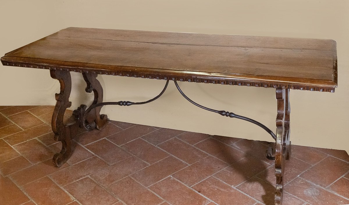Antique-style Walnut Refectory Table, Lyre Legs, Tuscany-photo-3