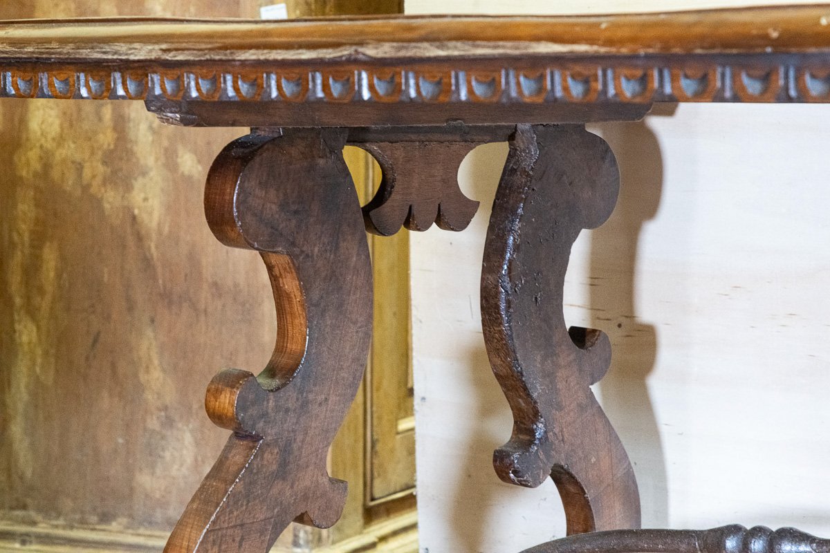 Antique-style Walnut Refectory Table, Lyre Legs, Tuscany-photo-1