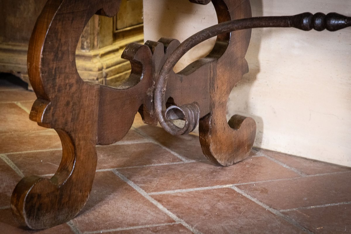 Antique-style Walnut Refectory Table, Lyre Legs, Tuscany-photo-3