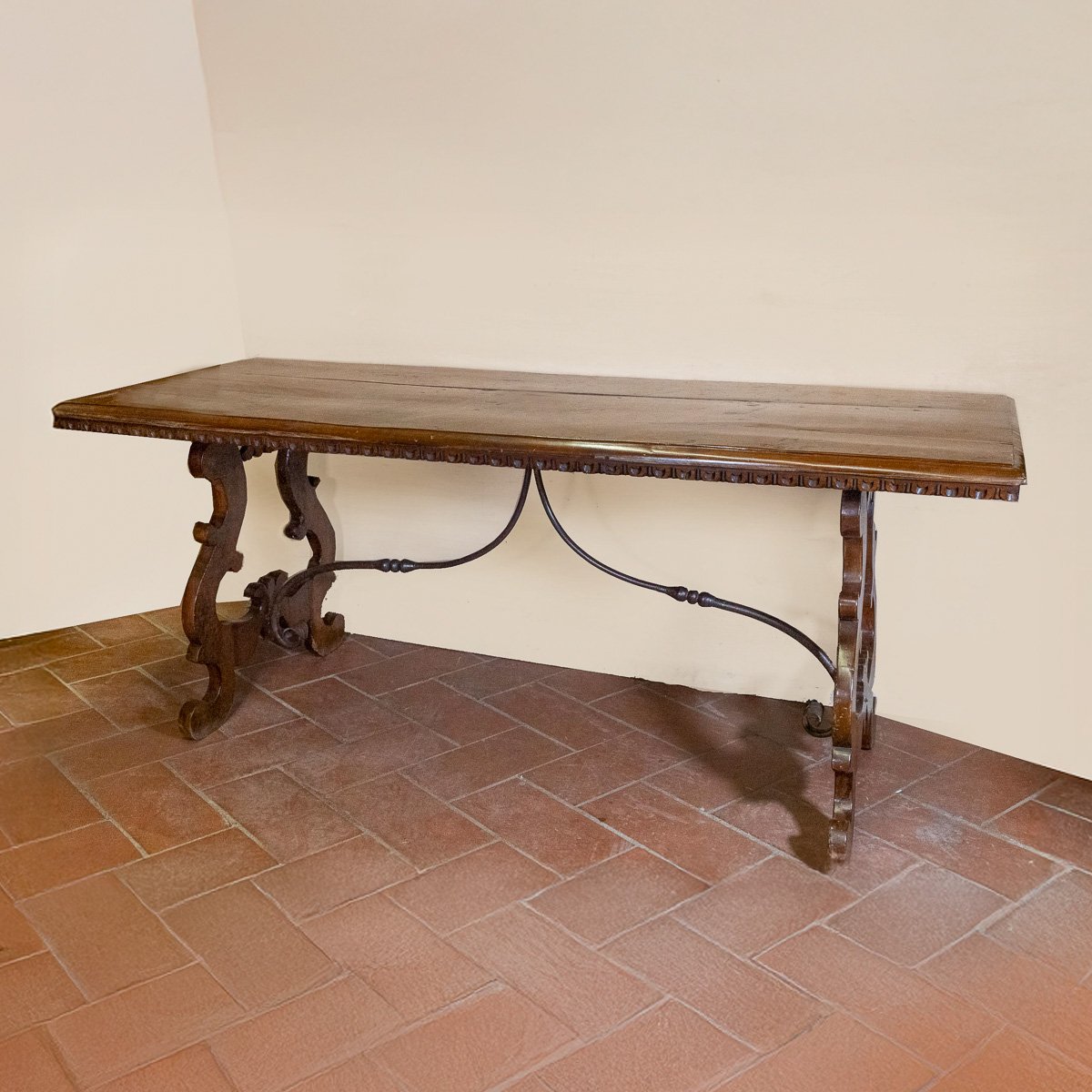 Antique-style Walnut Refectory Table, Lyre Legs, Tuscany