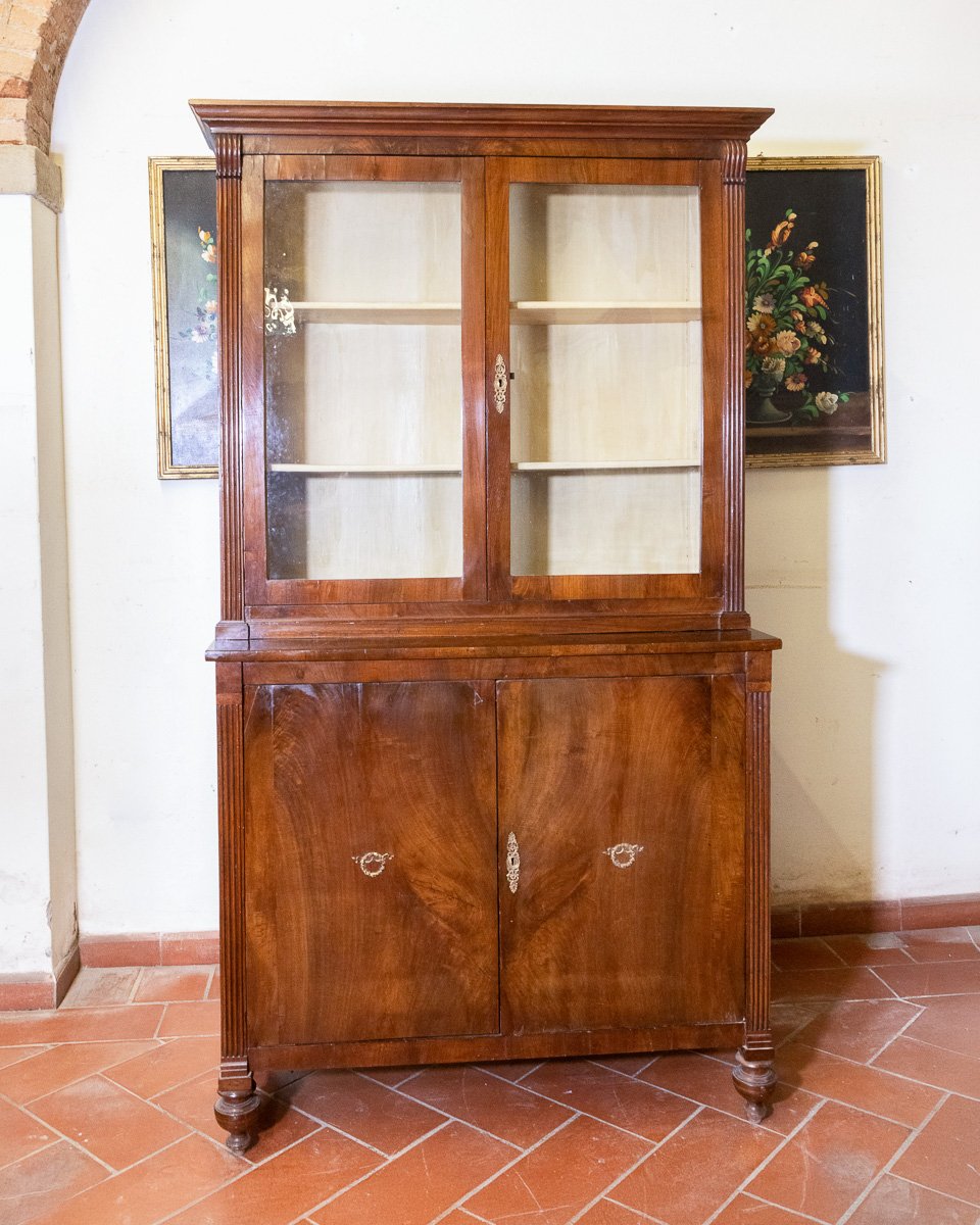 Vitrine Ancienne de Style Empire en Noyer avec Verres Soufflés d'Origine - Toscane XIXe-photo-4