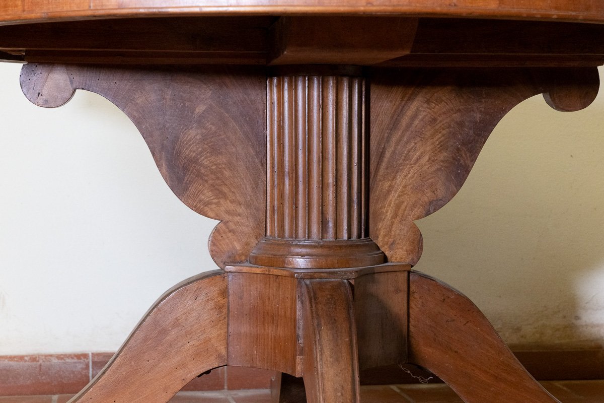 Round Walnut Table With Fluted Central Column, Tuscany, 19th Century-photo-4