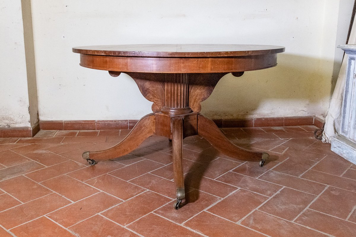 Round Walnut Table With Fluted Central Column, Tuscany, 19th Century-photo-1