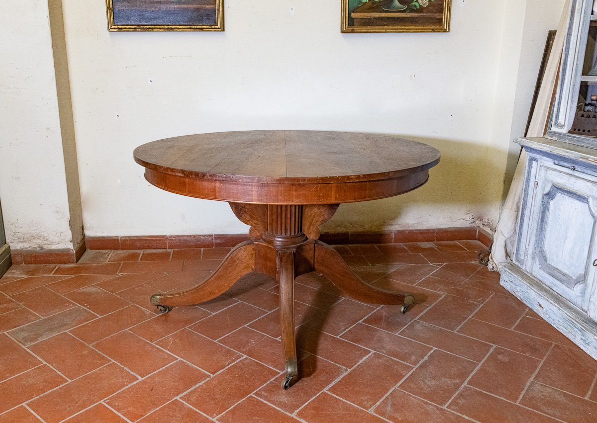 Round Walnut Table With Fluted Central Column, Tuscany, 19th Century-photo-2
