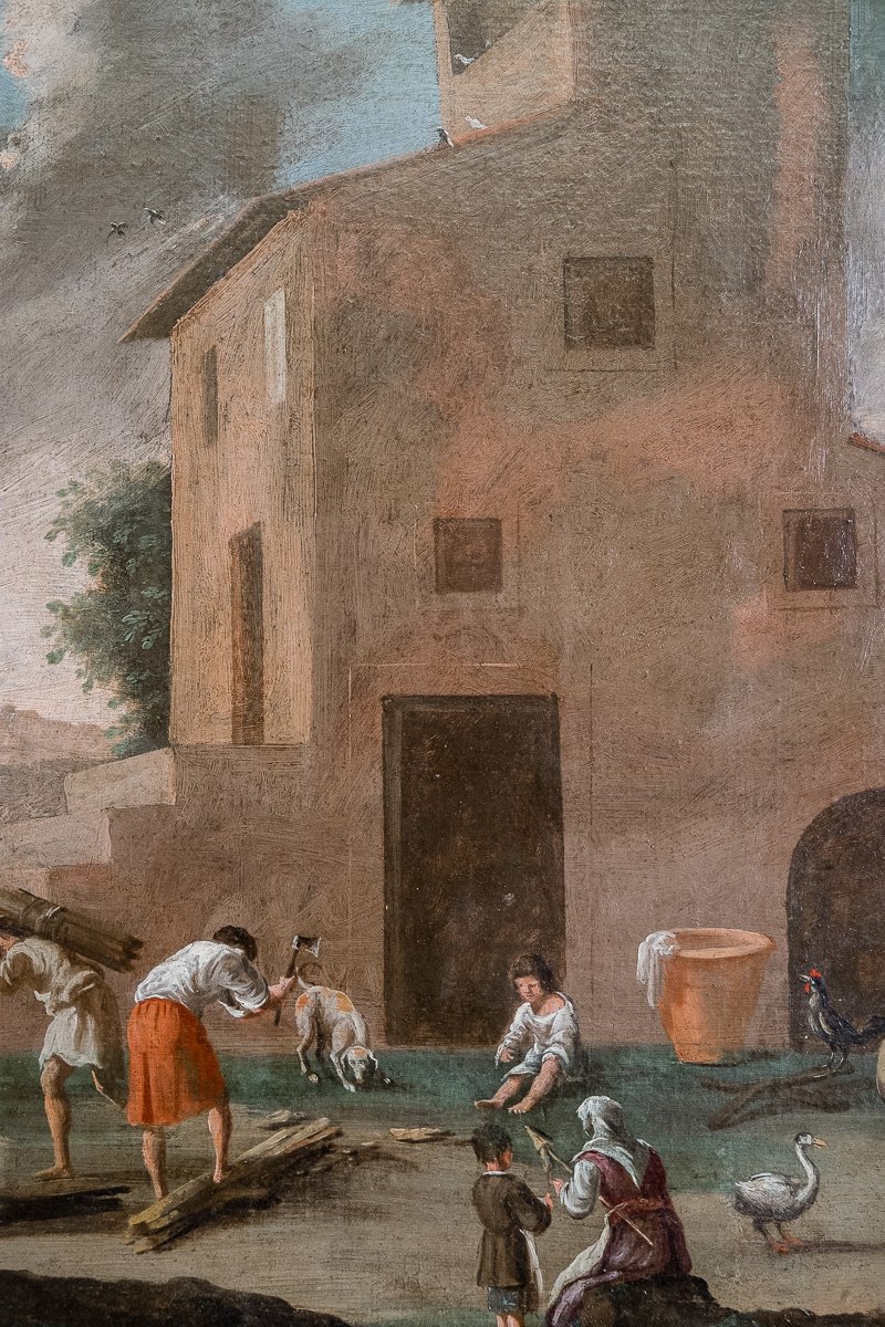 Peinture ancienne vénitienne avec scène champêtre, paysans et animaux de basse-cour, XVIIIe siè-photo-3