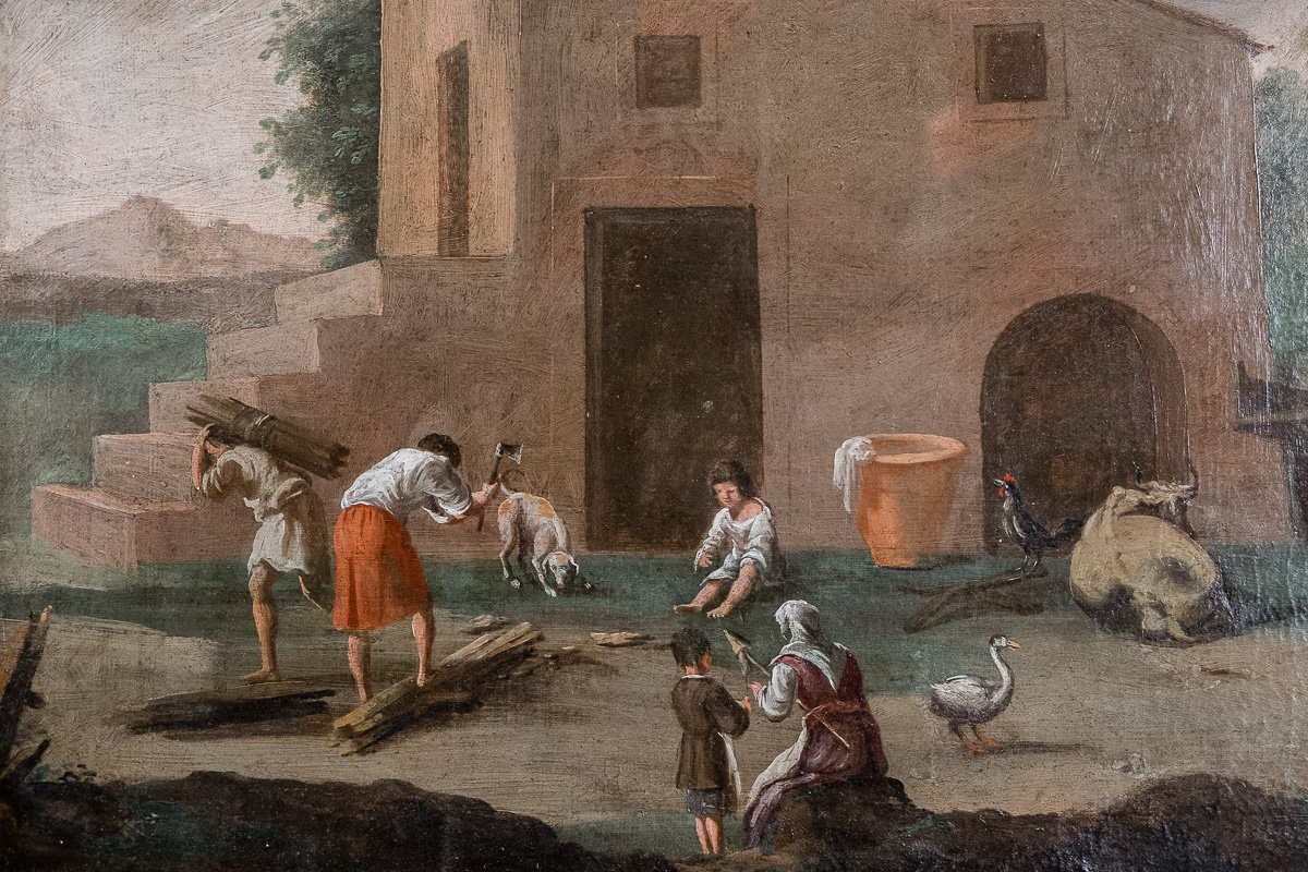 Peinture ancienne vénitienne avec scène champêtre, paysans et animaux de basse-cour, XVIIIe siè-photo-1