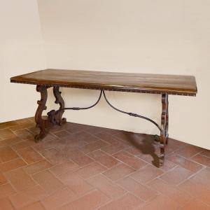 Antique-style Walnut Refectory Table, Lyre Legs, Tuscany