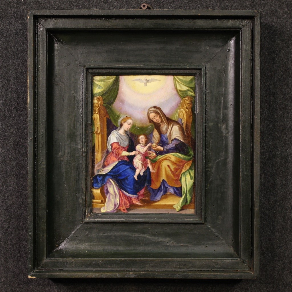 Antique Copper Painted Oil Painting Saint Anne Madonna Child Art 18th Century-photo-3