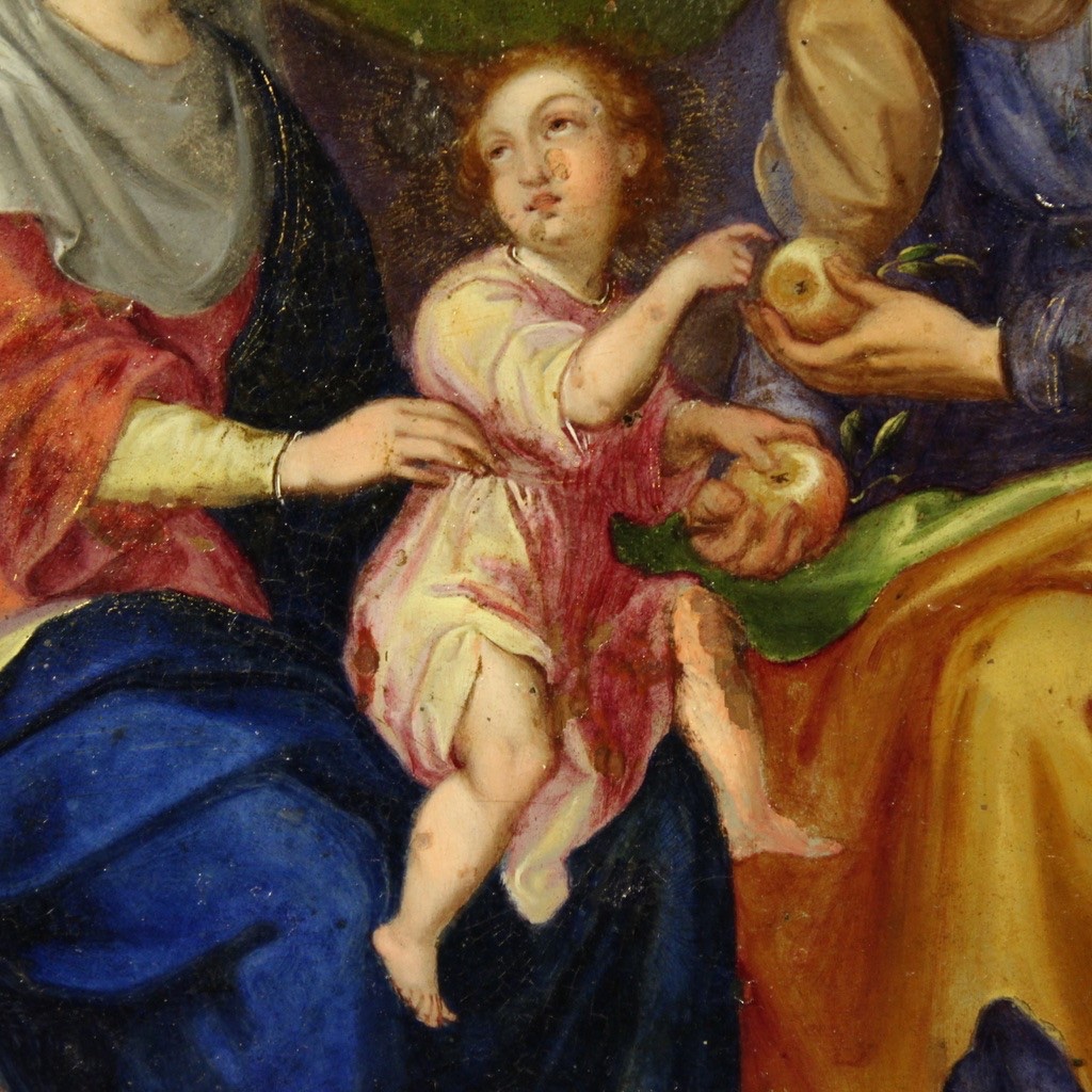 Antique Copper Painted Oil Painting Saint Anne Madonna Child Art 18th Century-photo-4