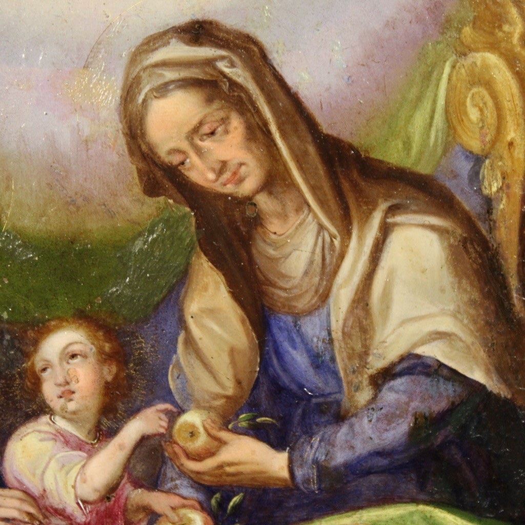 Antique Copper Painted Oil Painting Saint Anne Madonna Child Art 18th Century-photo-1