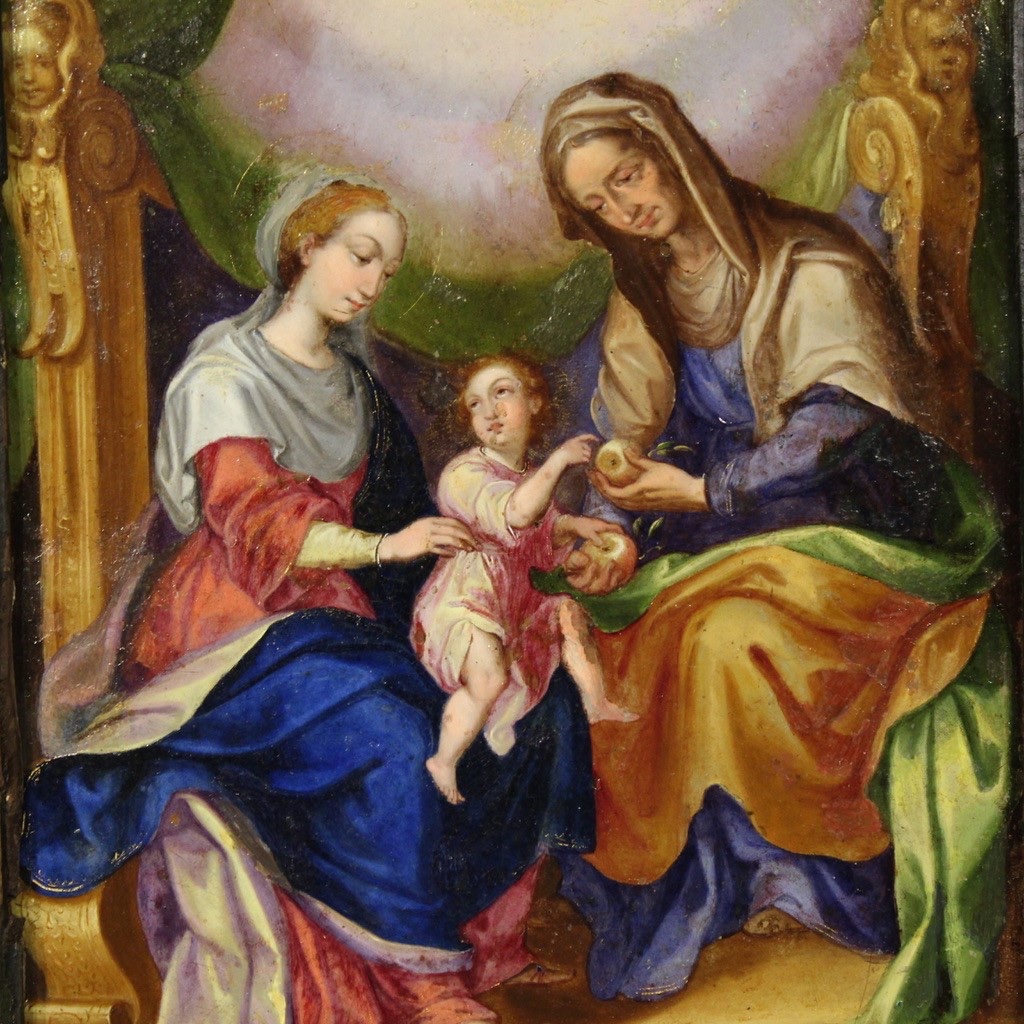 Antique Copper Painted Oil Painting Saint Anne Madonna Child Art 18th Century-photo-2