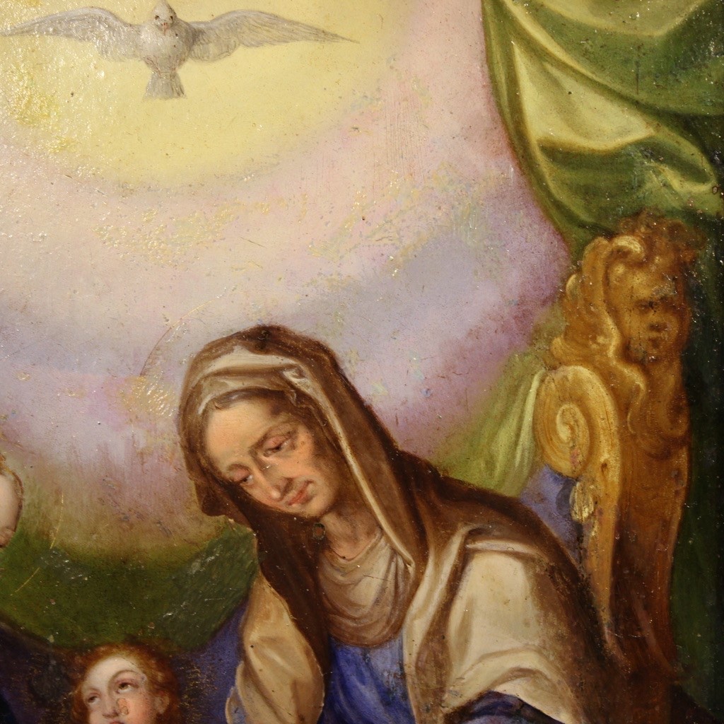 Antique Copper Painted Oil Painting Saint Anne Madonna Child Art 18th Century-photo-3