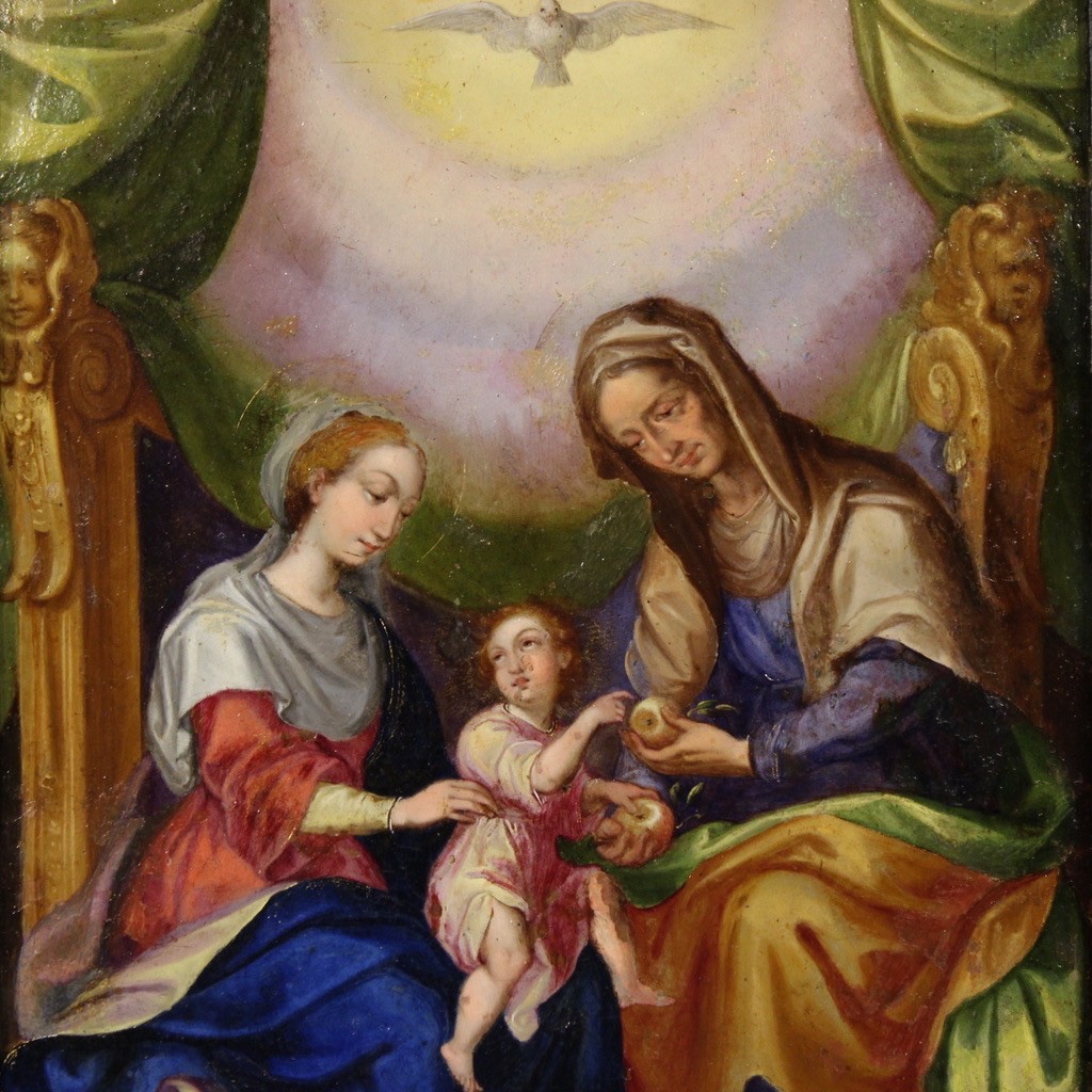Antique Copper Painted Oil Painting Saint Anne Madonna Child Art 18th Century