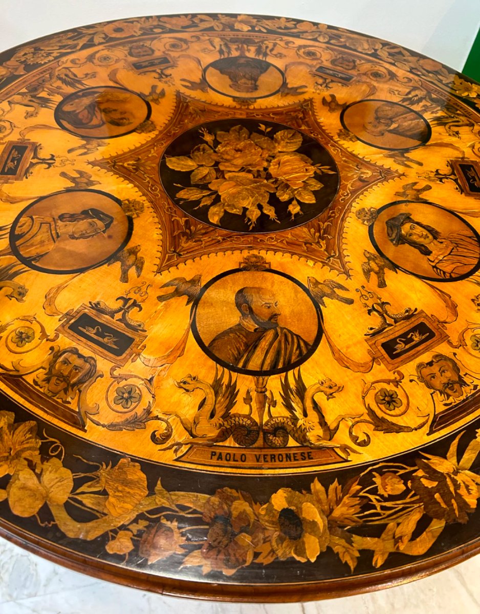 Rare Inlaid Table Featuring Portraits Of Renaissance Artists-photo-2