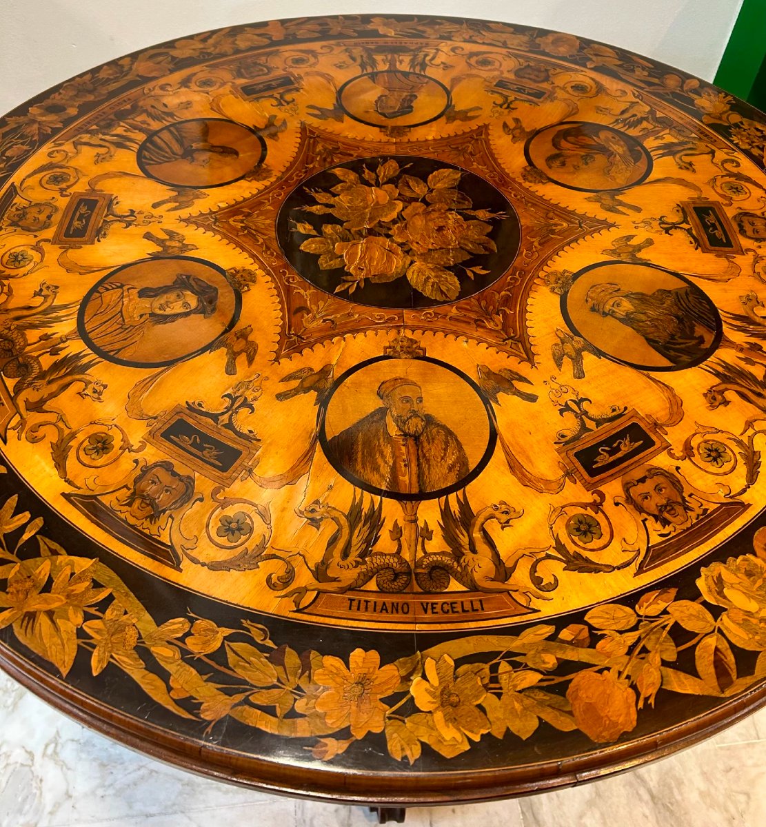 Rare Inlaid Table Featuring Portraits Of Renaissance Artists-photo-4